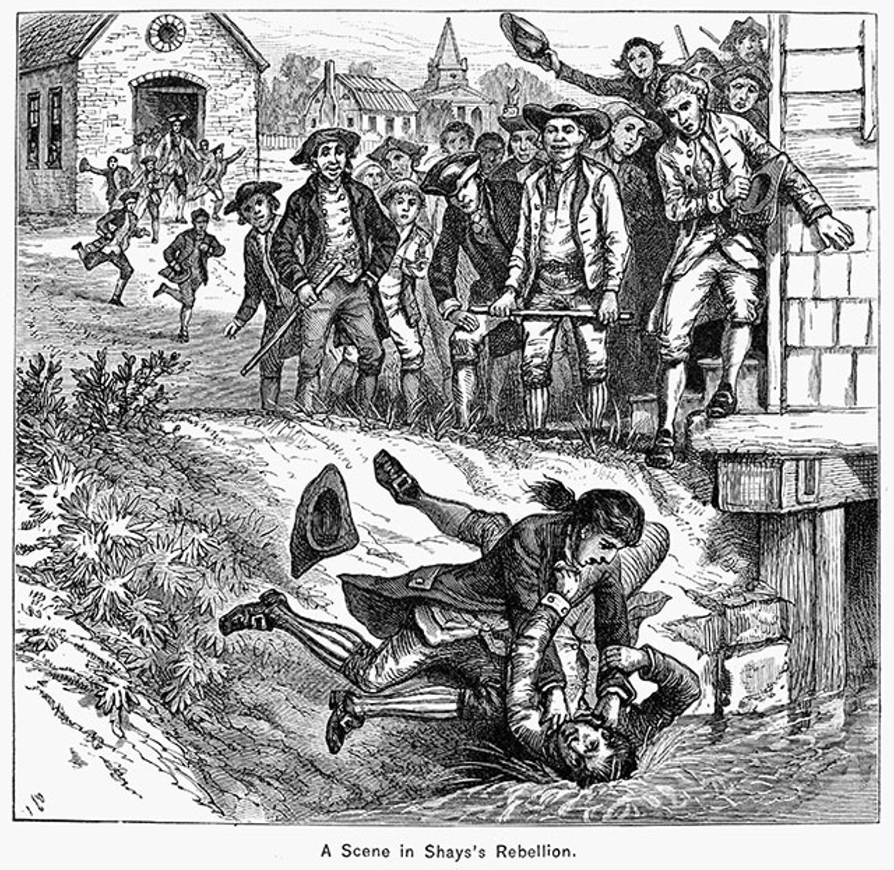 A nineteenth-century wood engraving illustrating a scuffle between opposing factions in Shays’ Rebellion, near a Springfield courthouse (GRANGER / GRANGER — ALL RIGHTS RESERVED.) A nineteenth-century wood engraving illustrating a scuffle between opposing factions in Shays’ Rebellion, near a Springfield courthouse (GRANGER / GRANGER — ALL RIGHTS RESERVED.)