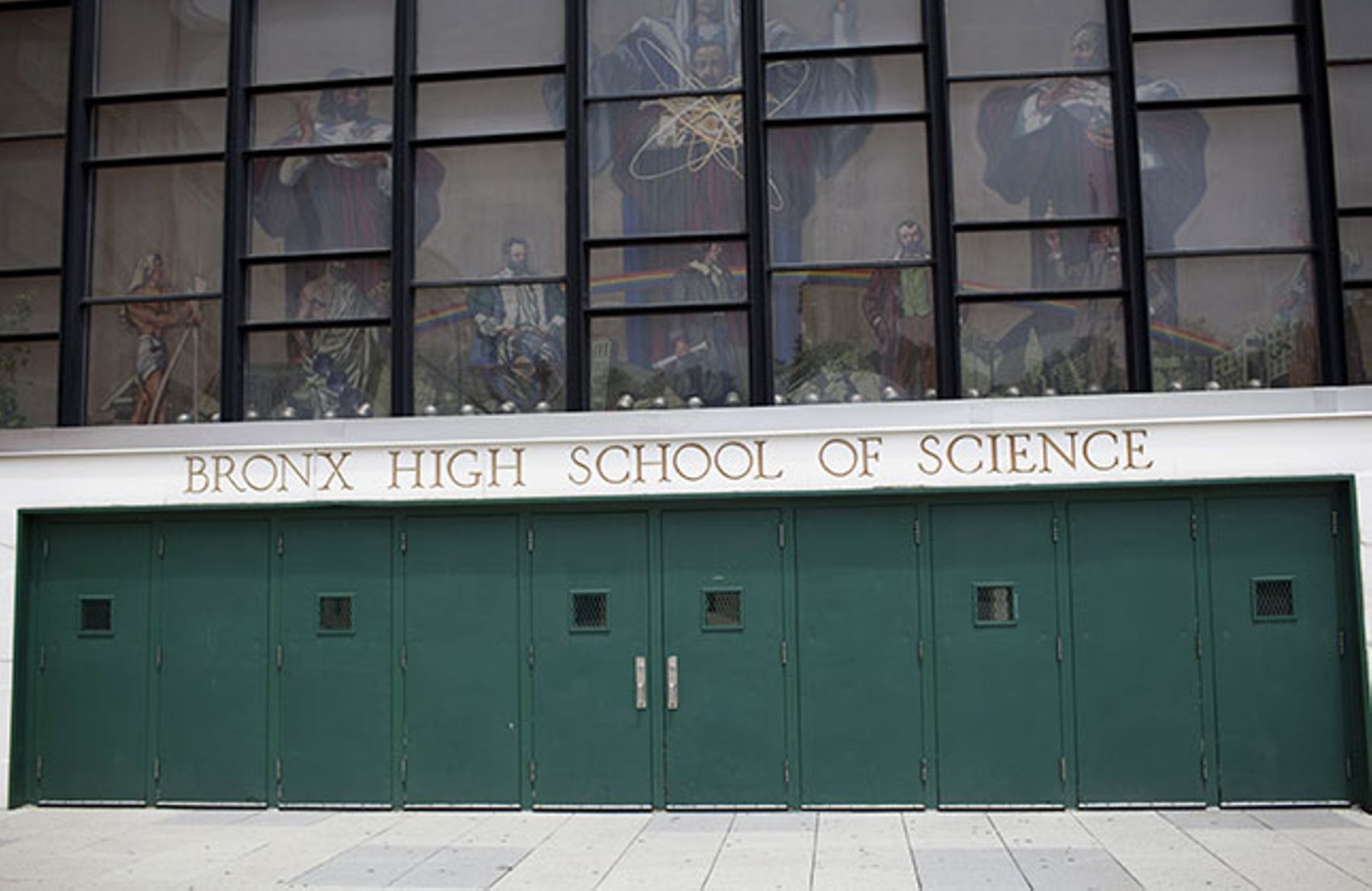 A science-themed tile mosaic greets entrants to the prestigious Bronx High School of Science, founded in 1938. (ROBERT NICKELSBERG/GETTY IMAGES)