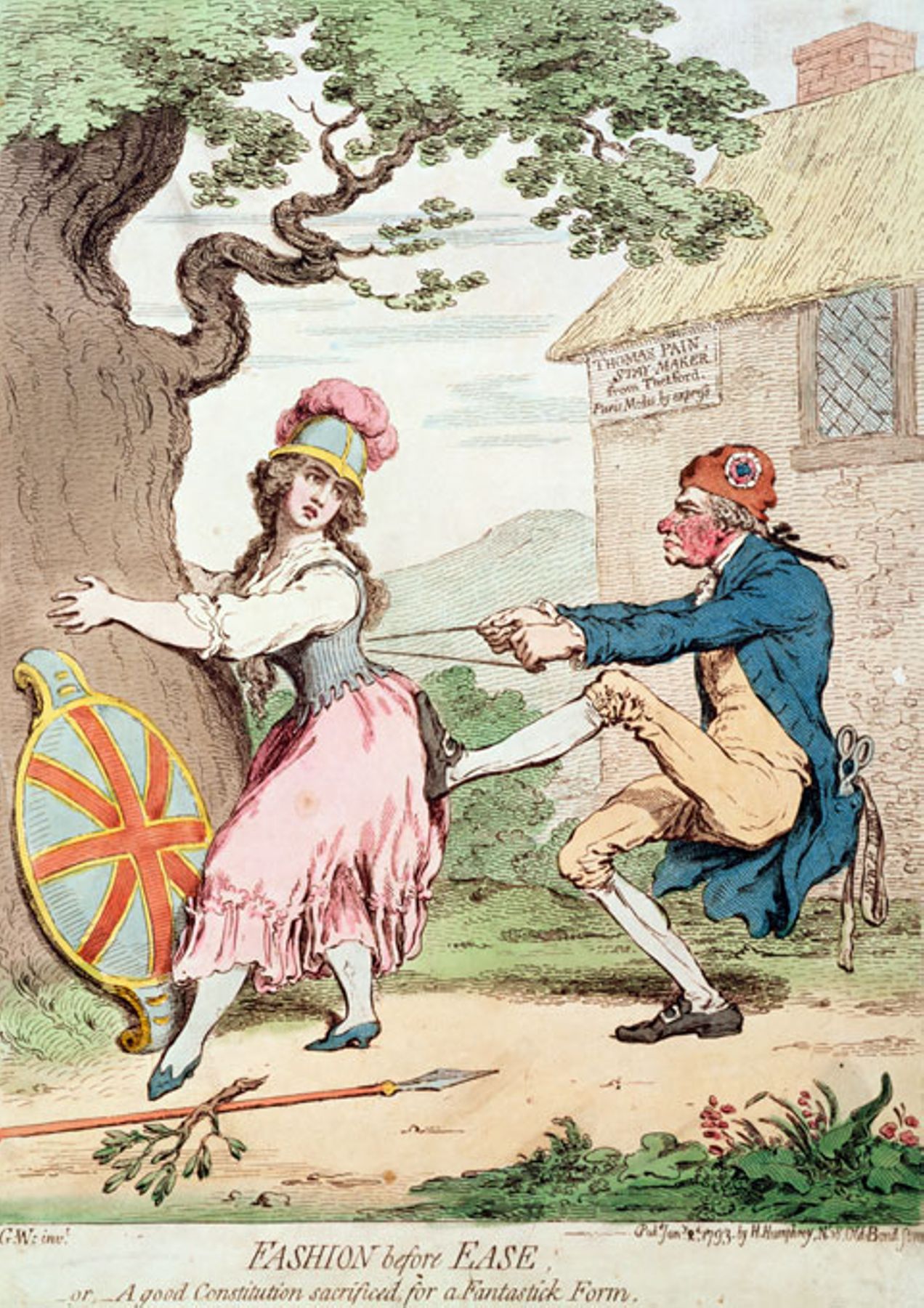 In 1793, James Gillray satirized ex-corset stay maker Paine's scheme, in The Rights of Man, to squeeze the British Constitution into a new form.