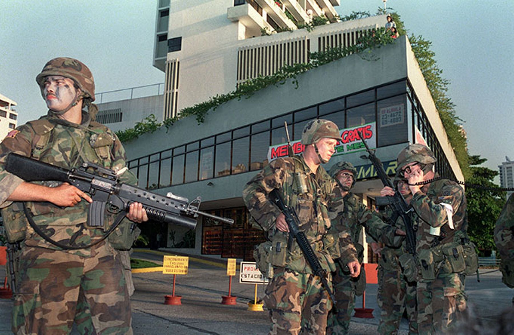 Soldiers on street; 1989 invasion of Panama.