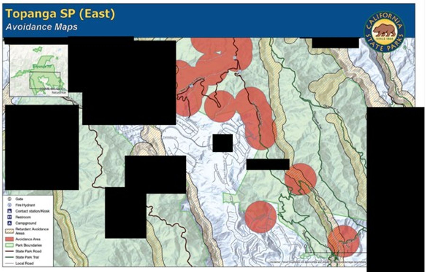 A map of “avoidance areas” in Topanga State Park produced by California State Parks as part of a lawsuit against the state on behalf of Palisades fire victims.