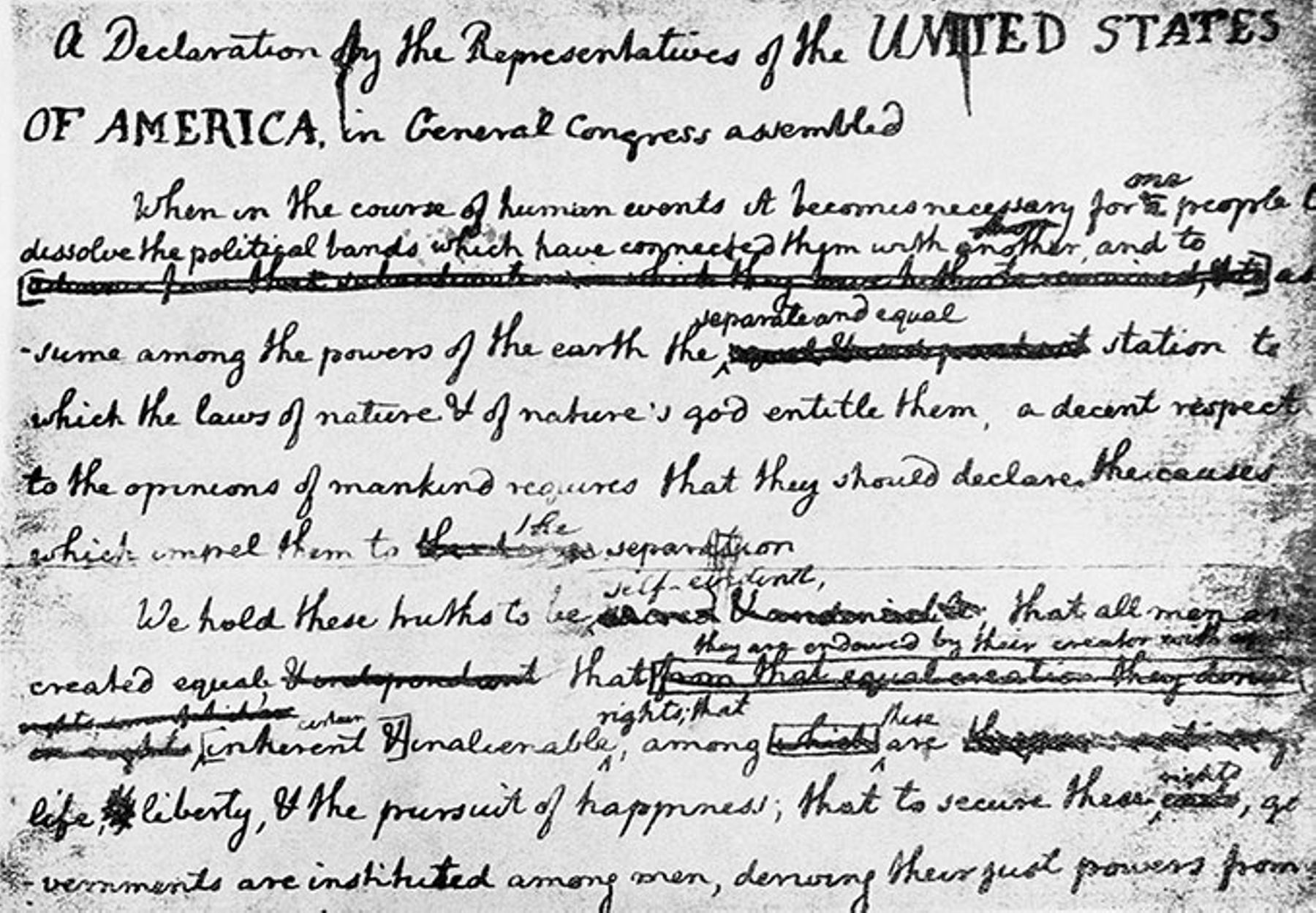 A marked-up manuscript of the Declaration of Independence showing the edit of “sacred” to “self-evident.”