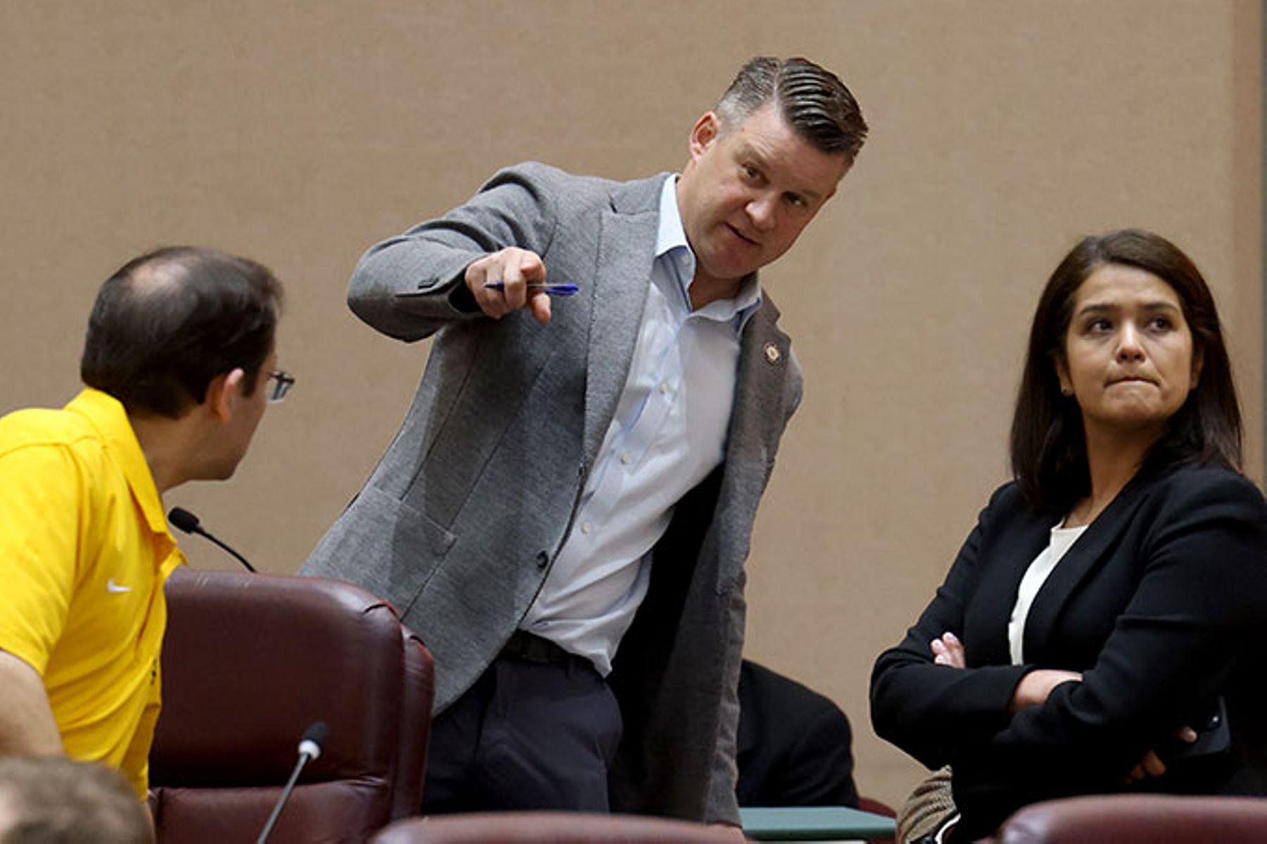 Ald. Bill Conway flanked by Ald. Raymond Lopez and Ald. Silvana Tabares as they talk during a meeting of City Council's Public Safety Committee, April 30, 2025. 