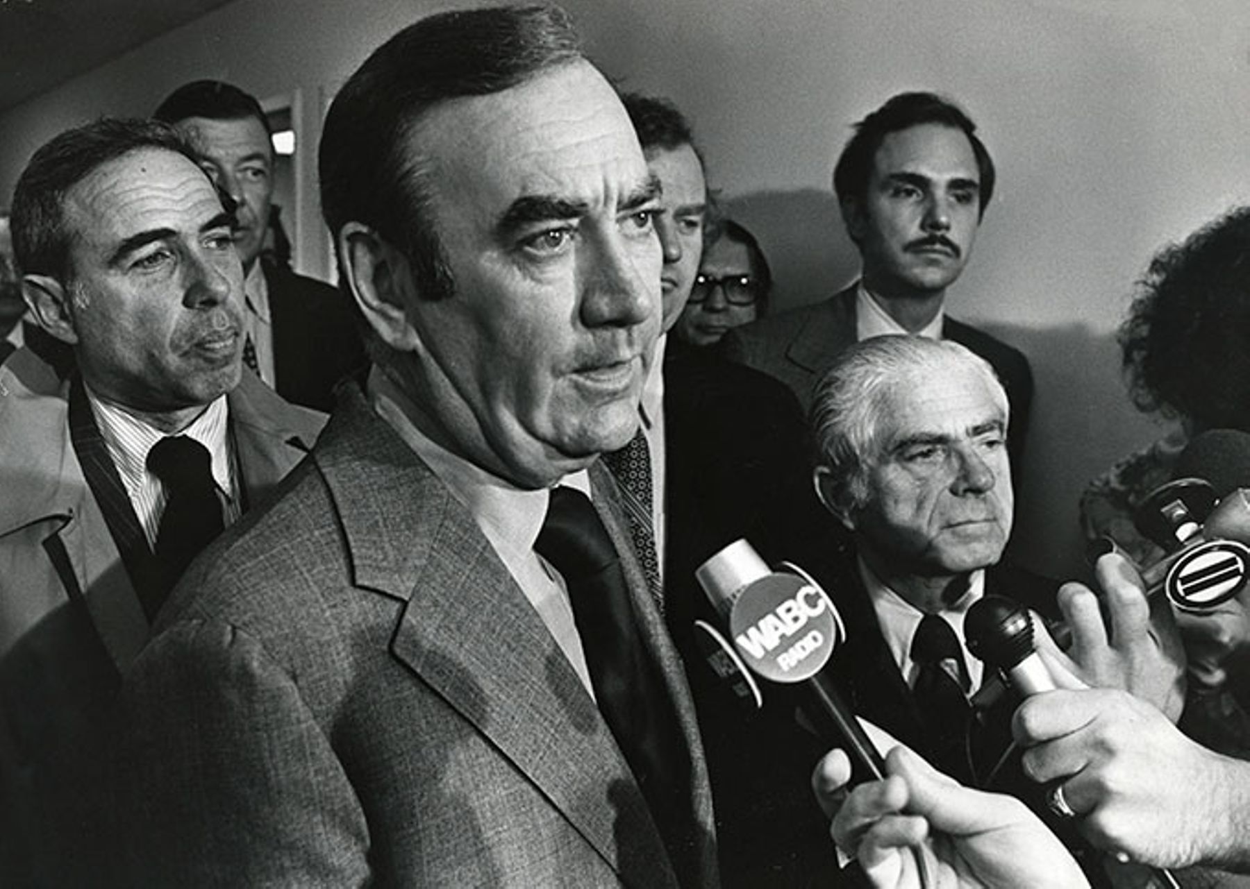 Gov. Hugh Carey answers questions about the depths of New York City's fiscal crisis in New York, Sept. 23, 1975.