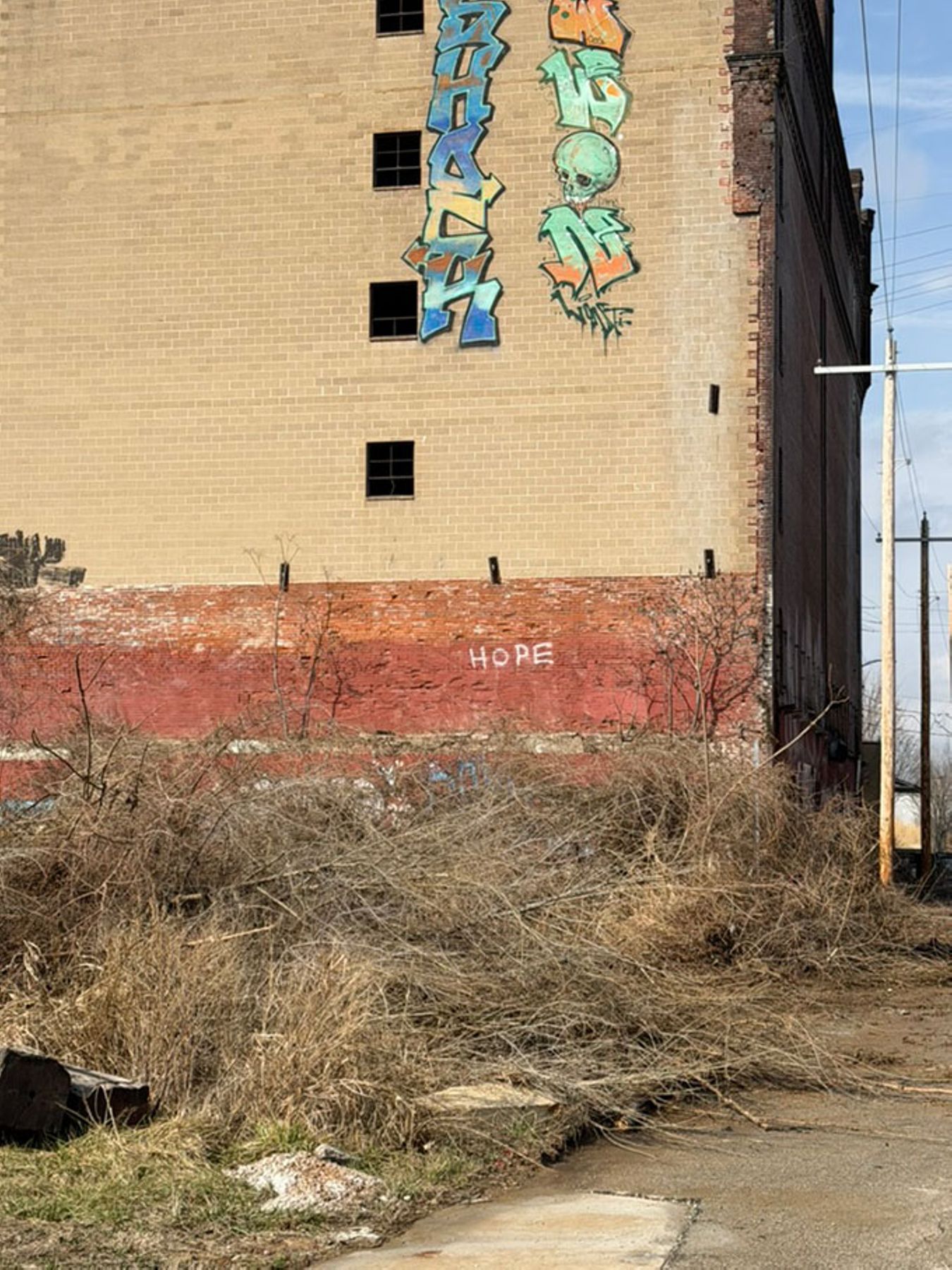 &ldquo;HOPE&rdquo; is graffitied on the former St. Louis Refrigeration and Cold Storage Company building, now vacant and dilapidated at the intersection of O&rsquo;Fallon and Lewis streets.