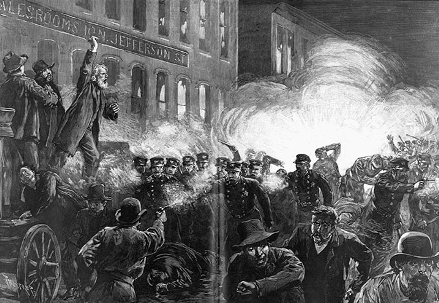 Policemen were killed by a bomb thrown by an unknown assailant during a protest held by laborers and anarchists in Haymarket Square, Chicago.