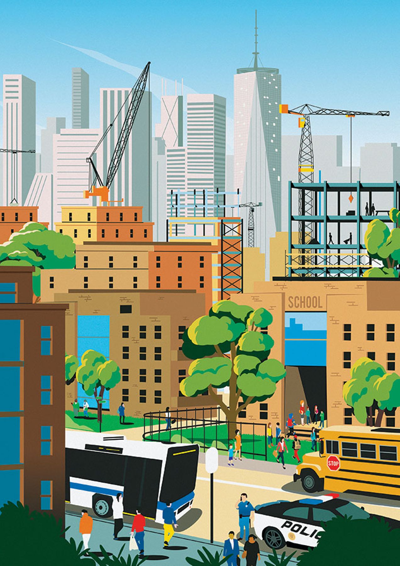 Illustrated city scene with a school, buses, a police car, and nearby construction cranes against a skyline.