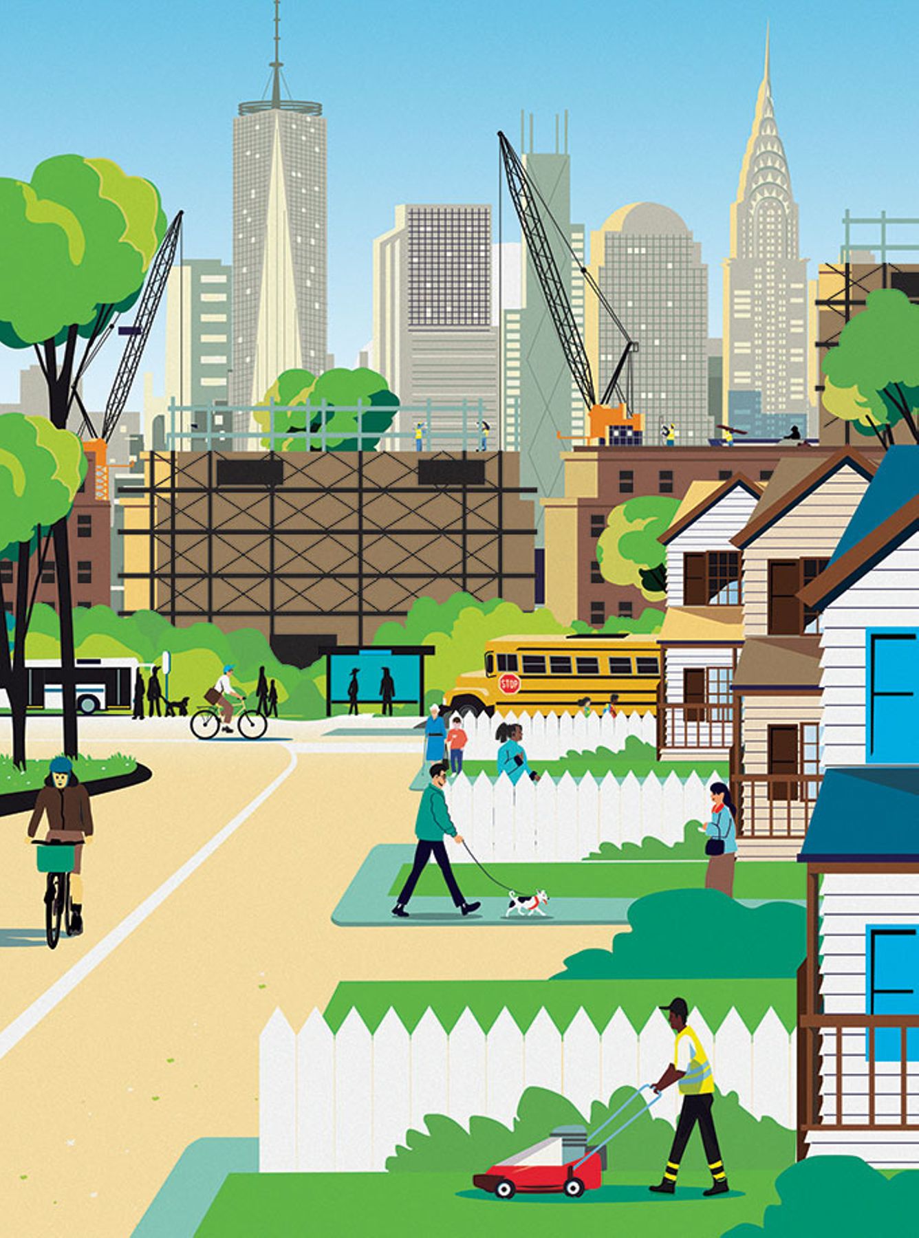 Illustrated suburban street with houses and white fences, people walking and cycling, a school bus passing by, and construction cranes and high-rise buildings in the background skyline.