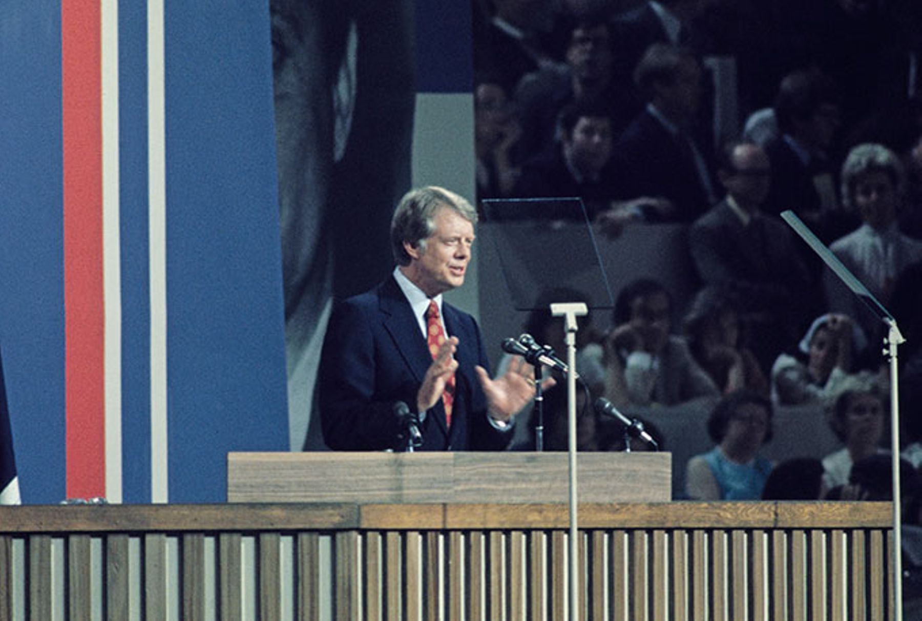 Democratic presidential candidate Jimmy Carter addresses delegates at the Democratic National Convention, July 15th 1976.