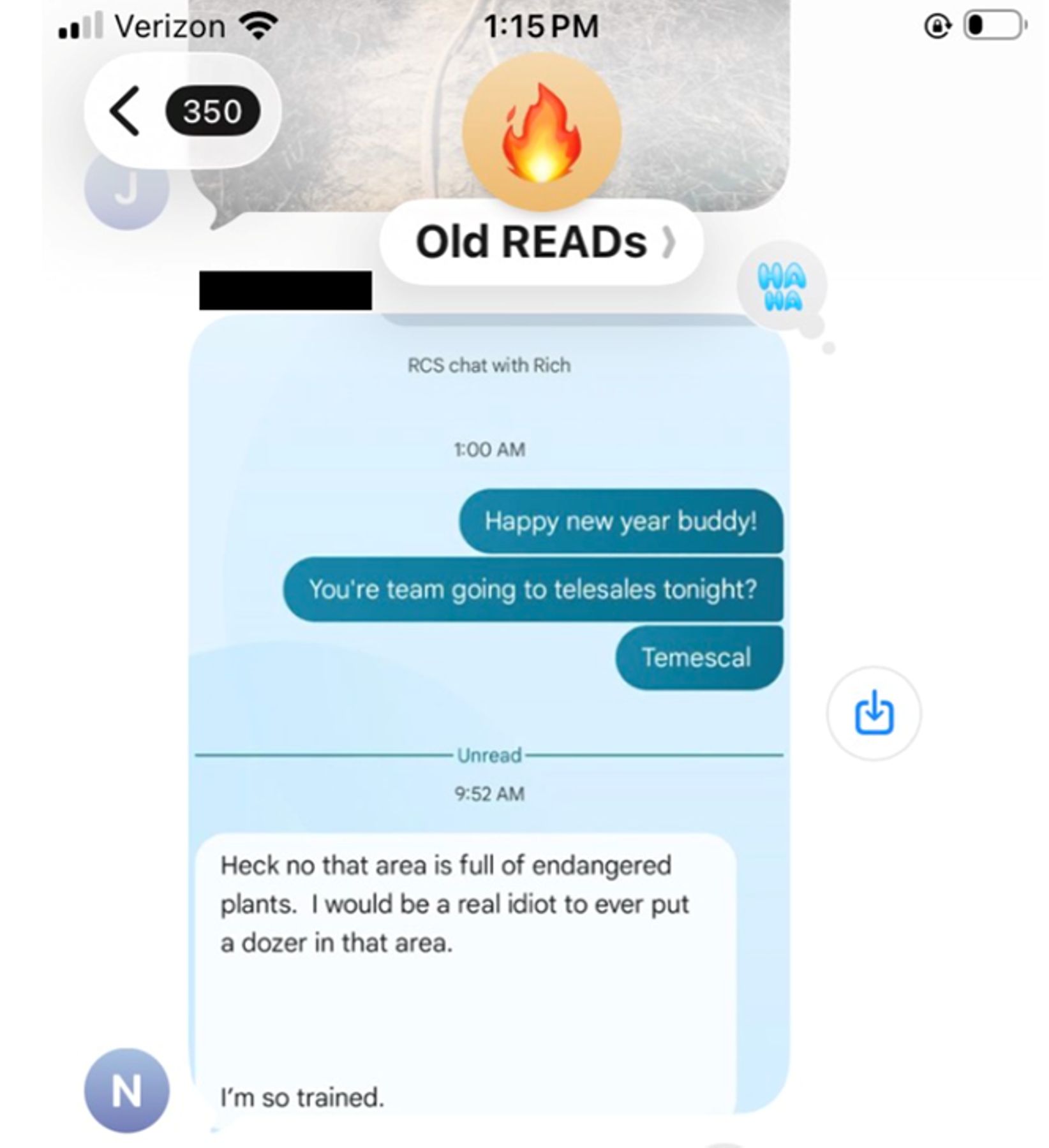 Text message screenshot shows a reply stating the area has endangered plants and that a dozer should not be used there.