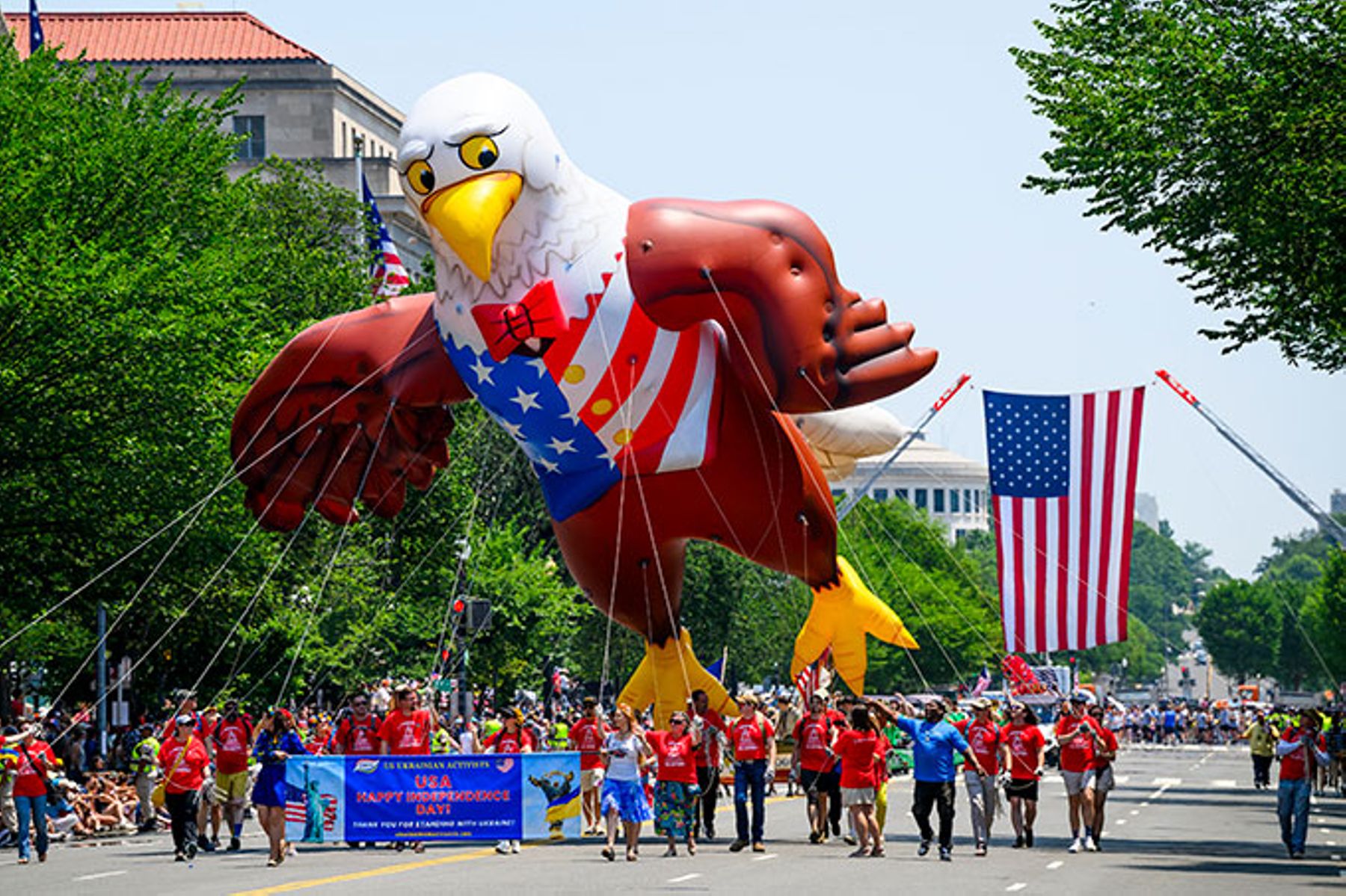 A parade balloon in the likeness of an eagle moves down Constitution Avenue during the National Independence Day Parade on July 4, 2025 in Washington, DC.