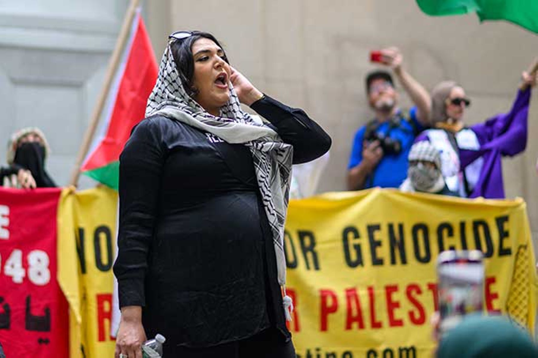 Nerdeen Kiswani speaks at a Nakba day protest on May 15, 2025 in the Brooklyn borough of New York City.