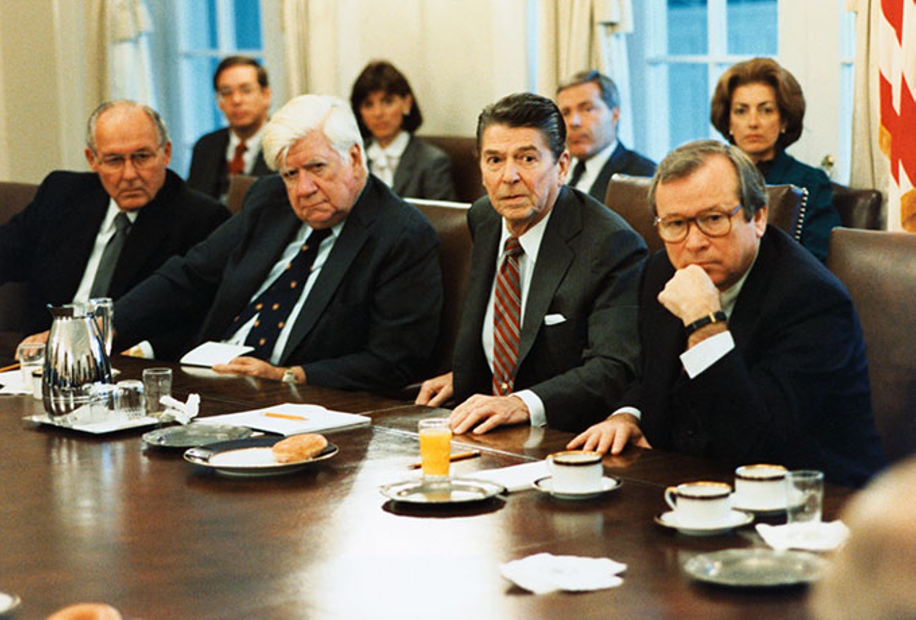 President Ronald Reagan meets with members of Congress on the situation in Grenada in 1983.