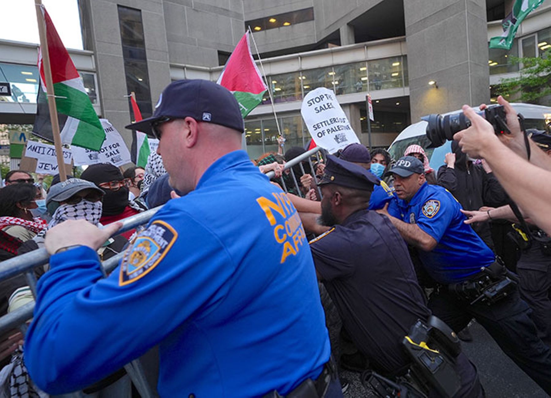 Pro-Palestinians protest 'Great Israel Real Estate' event at the Park East Synagogue in NYC May 05, 2026.