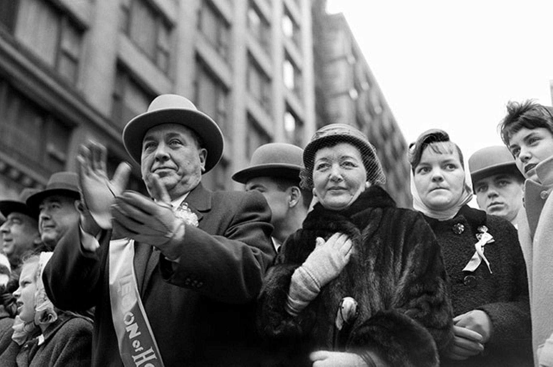 Chicago Mayor Richard J. Daley and his wife Eleanor lead the St. Patrick's Day Parade through downtown Chicago, ca 1962.