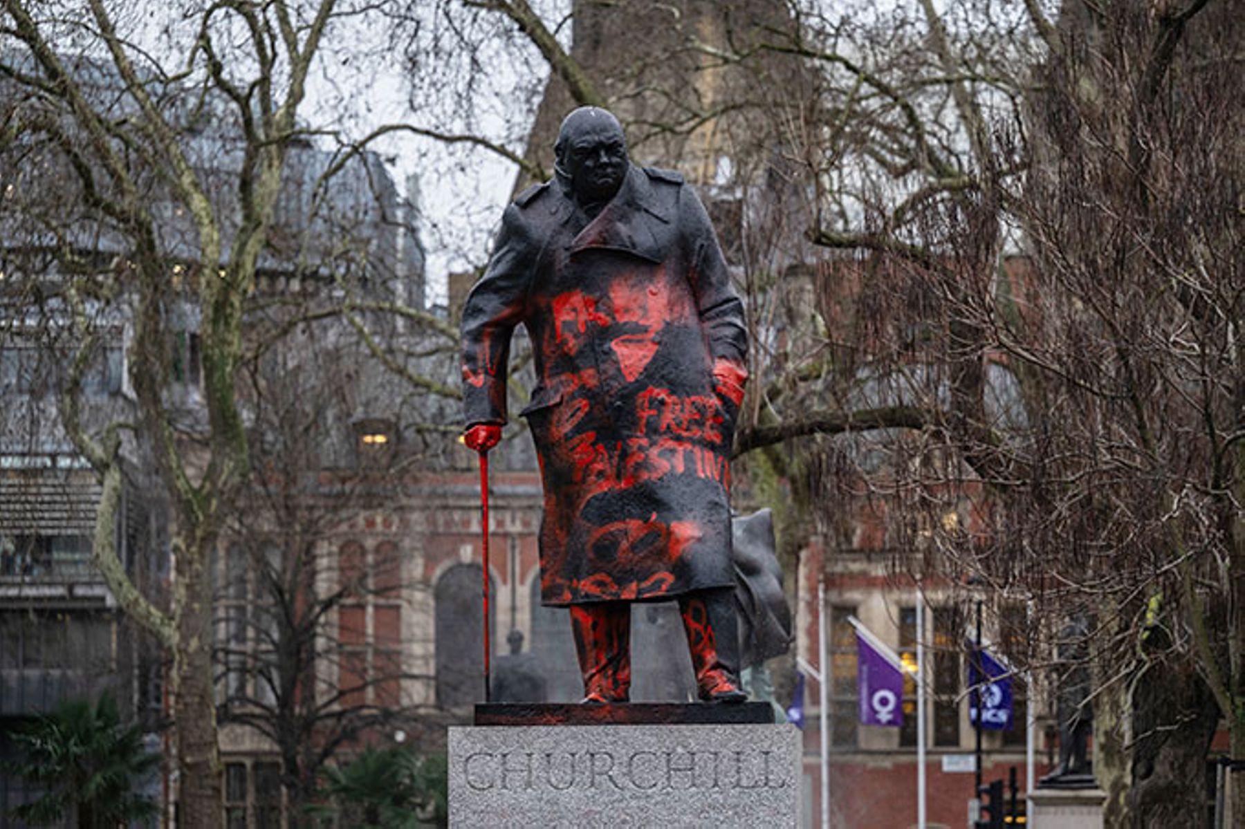 The Churchill statue in Parliament Square in London vandalised on February 27, 2026 with red paint and pro-Palestine slogans.
