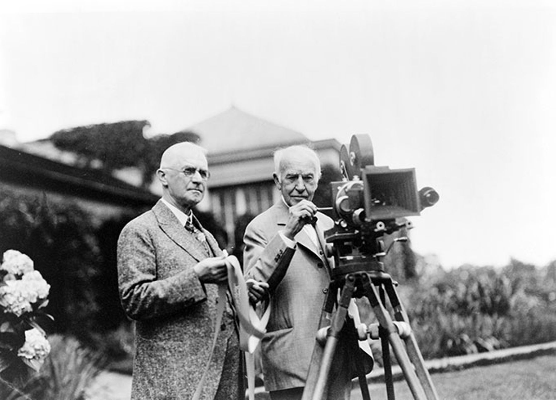 Thomas Edison and George Eastman with a motion picture camera in 1928.
