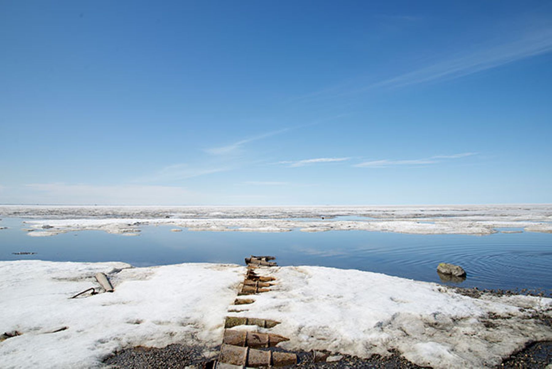 A lookout point on Prudhoe Bay, facing northwest across the Arctic Ocean’s Beaufort Sea.