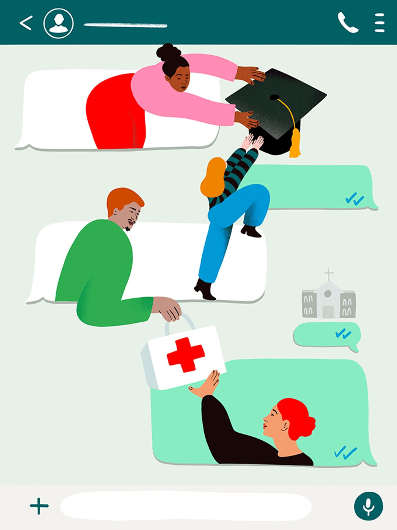 Person hands graduation cap to seated figure; others pass a medical kit in chat-style panels.