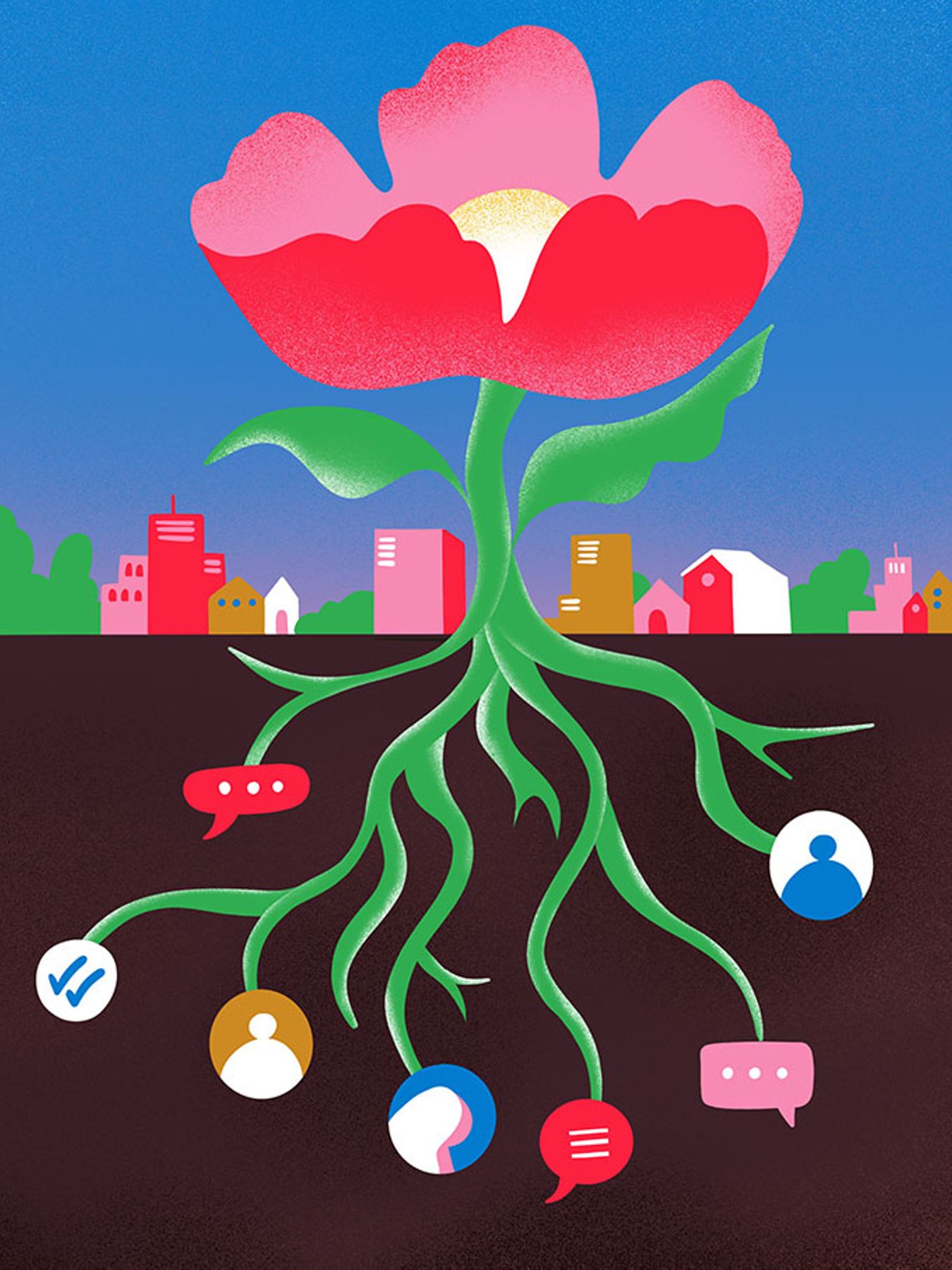 Large stylized flower above ground with cityscape; roots below connect to icons of people and speech bubbles.