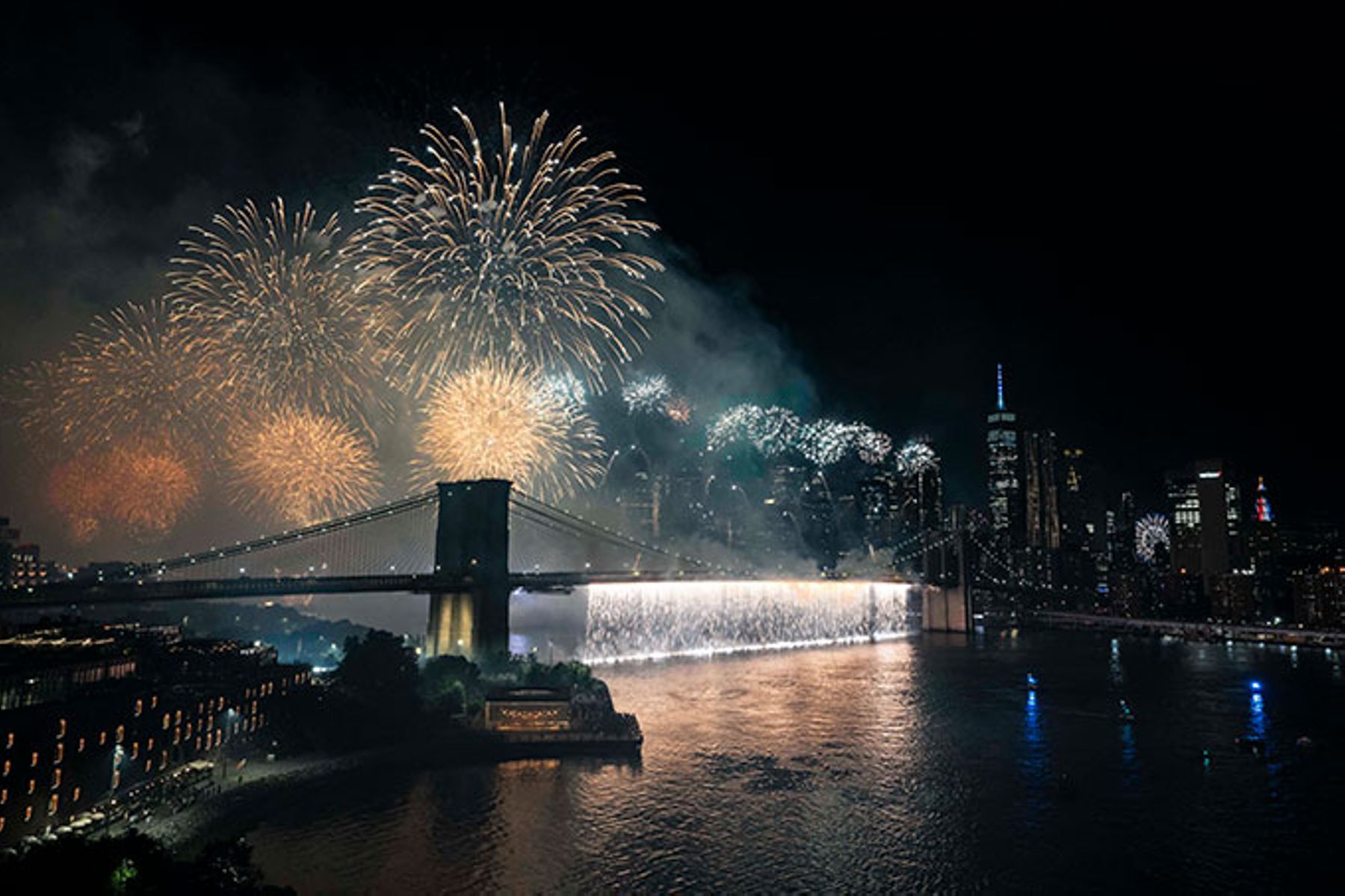 New York City skyline with fireworks.